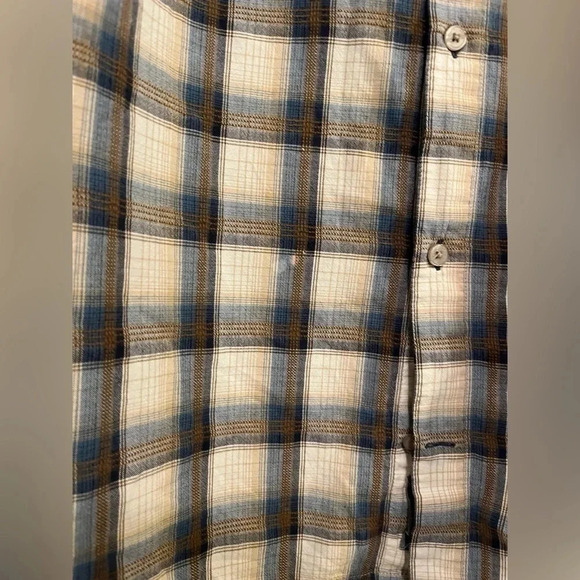 Horny Toad Button Up Shirt Mens XL Organic Cotton Beige Blue Plaid Chore - Picture 4 of 7